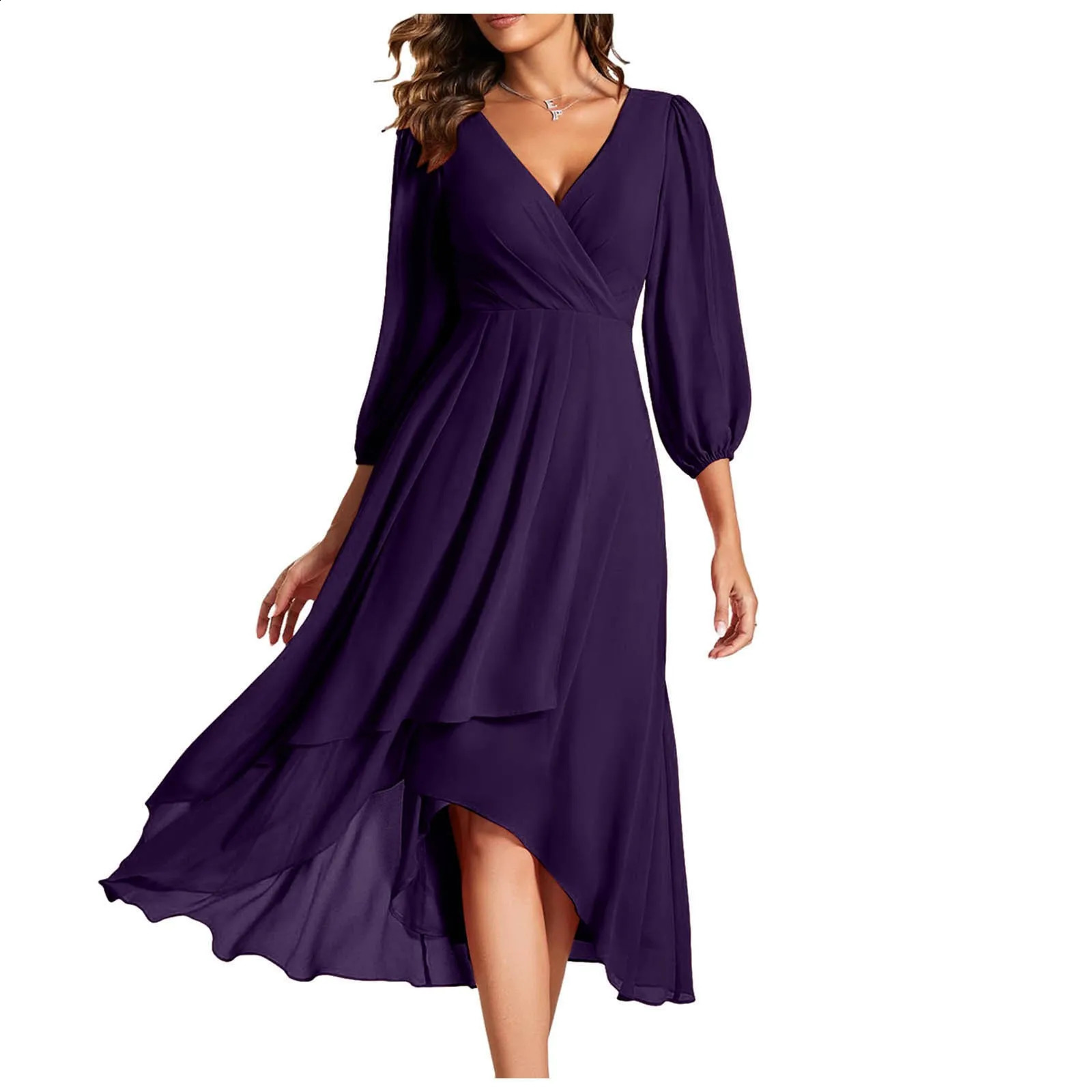 Women Chiffon Spring V Neck Dresses Long Sleeves Pleated A Line Midi Length Wedding Guest Dress Solid Elegant Tunic Dress
