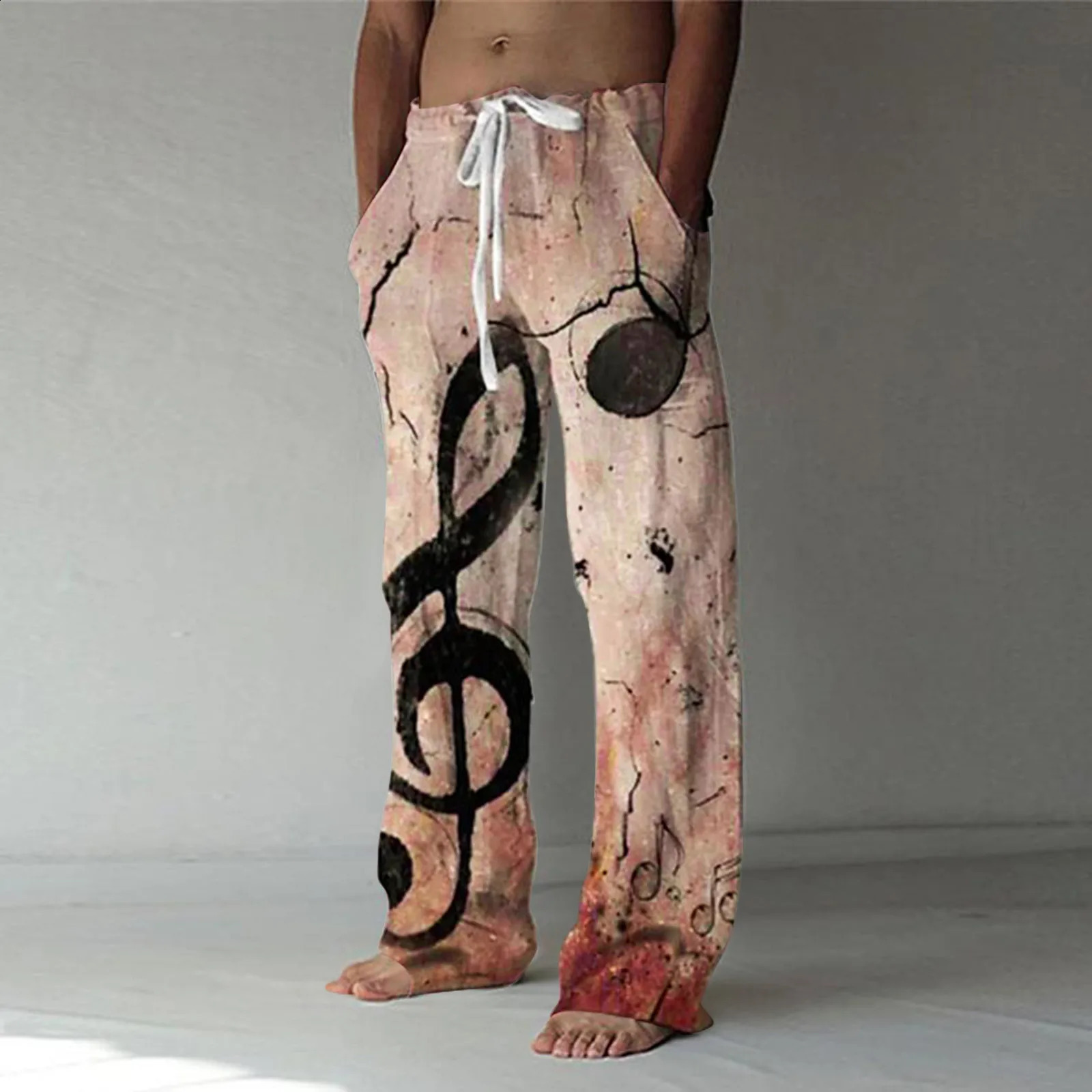 Large Size Pants For Men Fashion Casual Vintage Printed Linen Pocket Lace Up Trousers Summer Breeches Oversize Sweatpants 240822