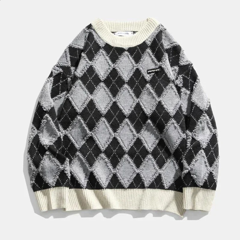 Knit Sweater Male Pullovers Spliced Mens Clothing Icon Plaid Argyle Korean Style Warm Trend Baggy Thick Winter A Cotton X 240821