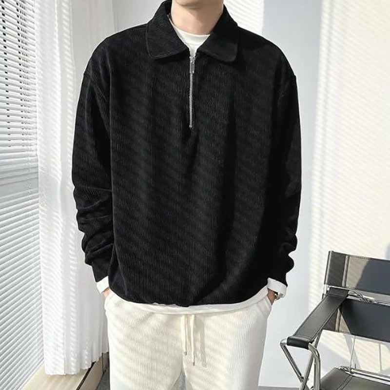 Fall Corduroy Long Sleeve Men Polo T Shirts Casual Harajuku Fashion Oversized Pullovers White Black Grey Hip Hop Punk Streetwear 240822
