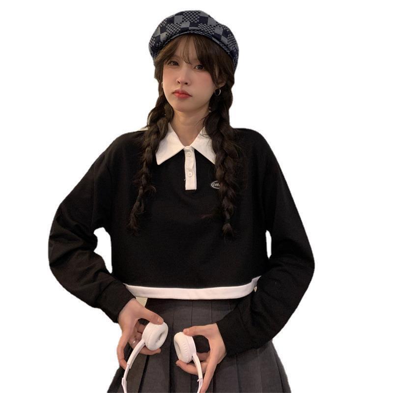 autumn slim design, loose and slimming, high waist short, drawstring long sleeved sweatshirt, women's lapel pullover top dongdumaoyi