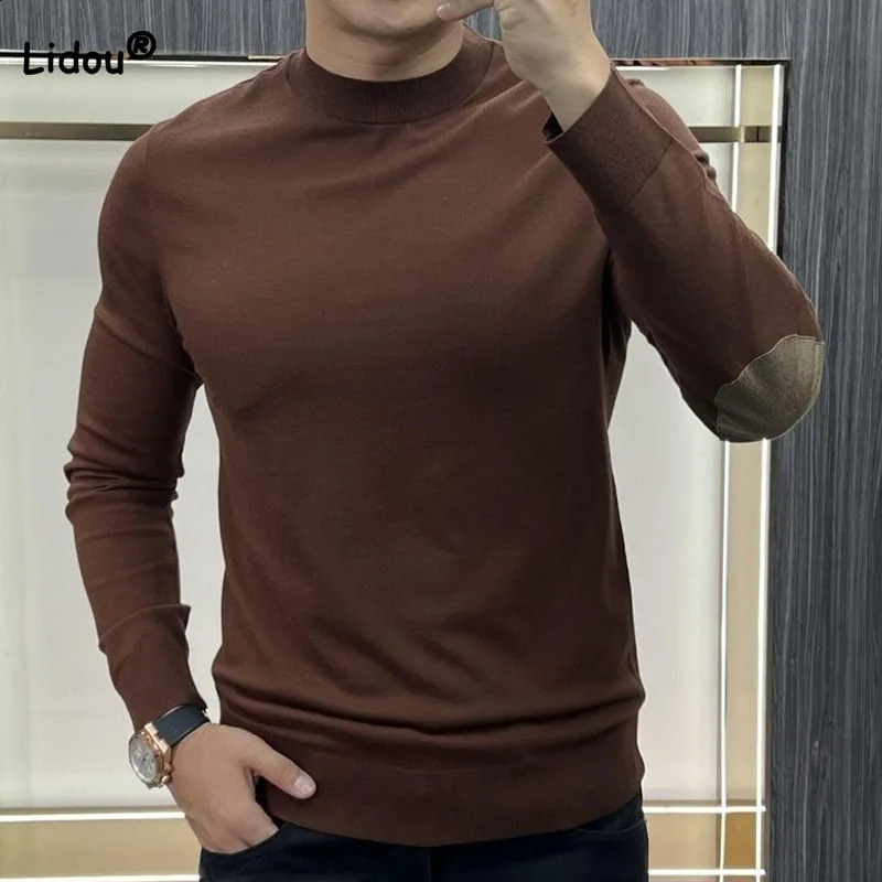 Business and leisure solid round neck knitted floral autumn mens clothing fashionable comfortable spliced long sleeved sweater 240821