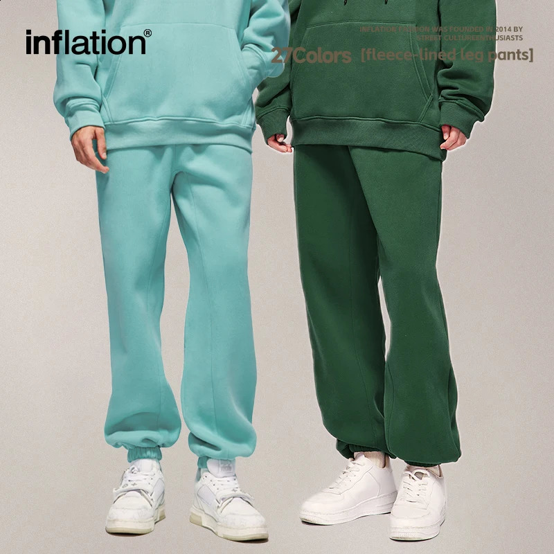 Inflatable winter thick wool lined jogging pants unisex candy colored drawstring waist comfortable sports mens track 240821