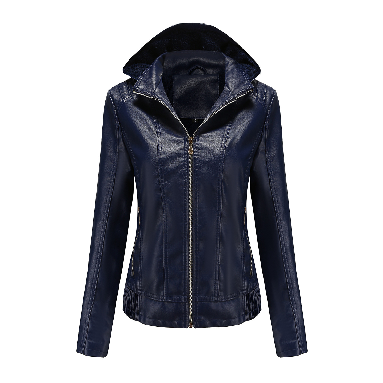 Aw Hooded Leather Womens Detachable Hat Zipper Long Sleeve Plush Leather Jacket European Size Slim Fit Coat