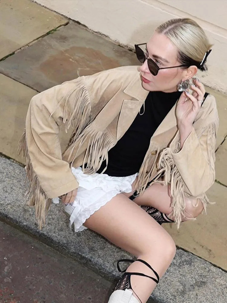 Retro Tassel Lapel Jackets Women Casual Long Sleeve Single-Breasted Jacket Coats With Pockets Female Autumn High Street Outwear 240821