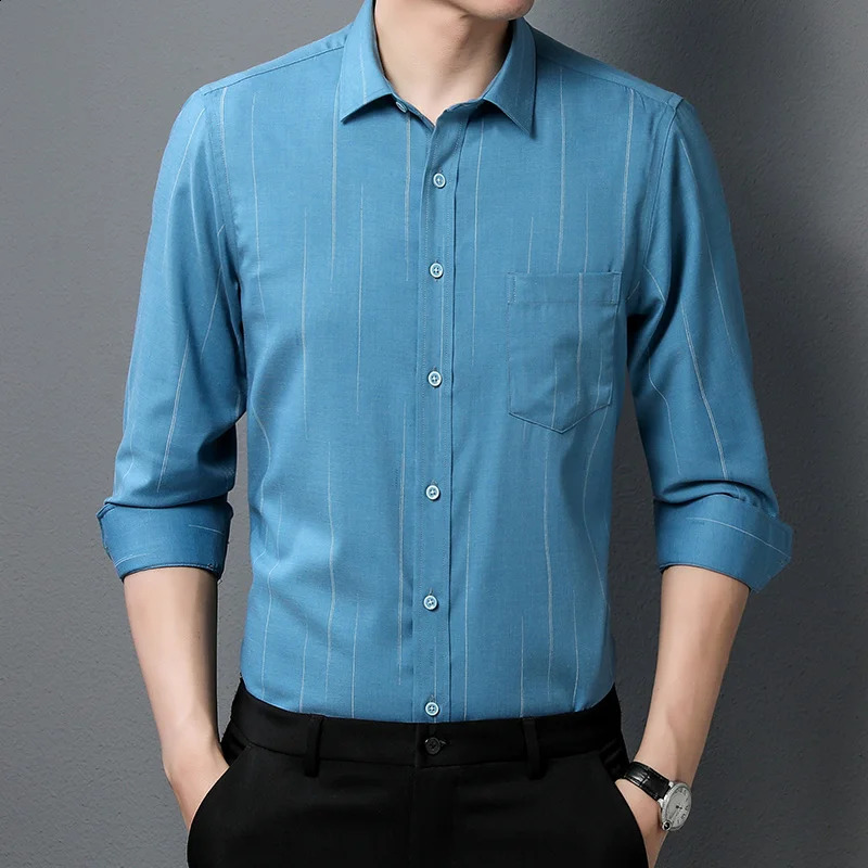 Mens Bamboo Fiber Dress Shirt Long Sleeve Fashion Plaid Stripe Comfort Soft Anti-wrinkle Stretch Slim Fit Business Man Clothes 240822