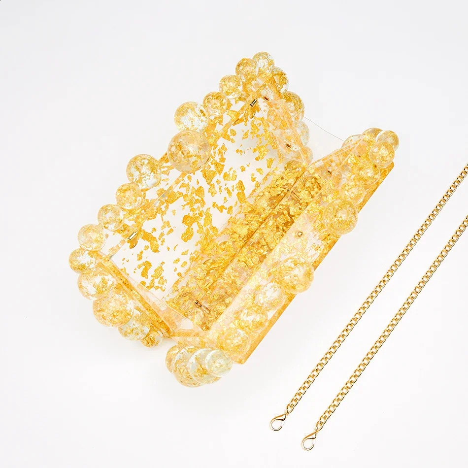 Womens transparent acrylic box evening clutch bag used for wedding parties y gold foil bead wallet and handbag ner highquality 240822