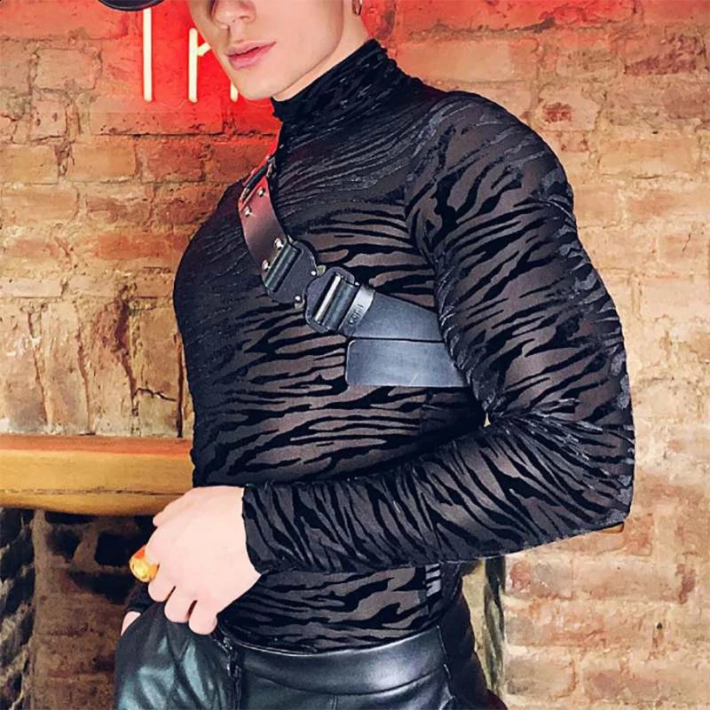 Mesh Shirt Long Sleeve Turtle Neck Nightclub Elastic Sexy Tshirt Spring Fashion Zebra Stripe Transparent Mens 240822