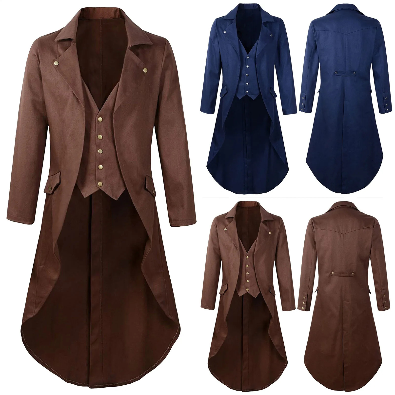 Mens Gothic Tailcoat Jacket Vintage Steampunk Victorian Frock Coat Uniform Medieval Renaissance Jackets Slim Trench Coat 240822