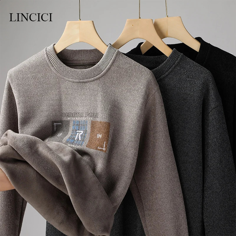 Autumn/Winter Mens Sweater with Thick Velvet for Warmth Round Neck Letter Embroidered Knitted Inner Undercover 240821