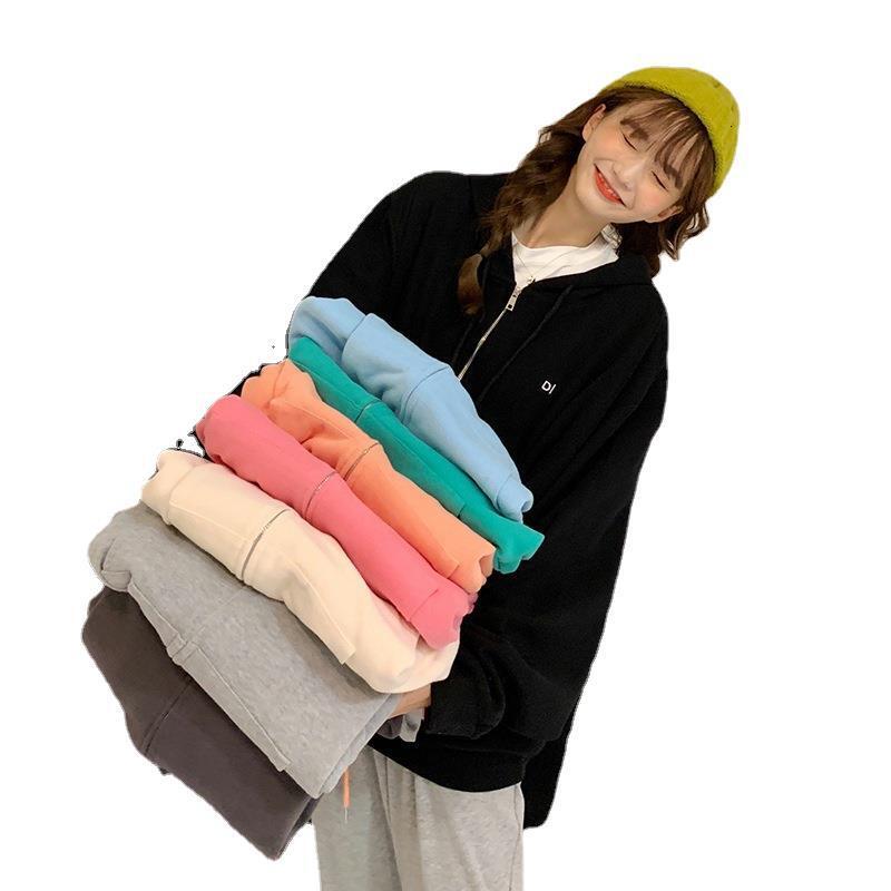 Korean version sports leisure hooded zipper cardigan sweater jacket for women autumn and winter BF style loose top trend dongdumaoyi