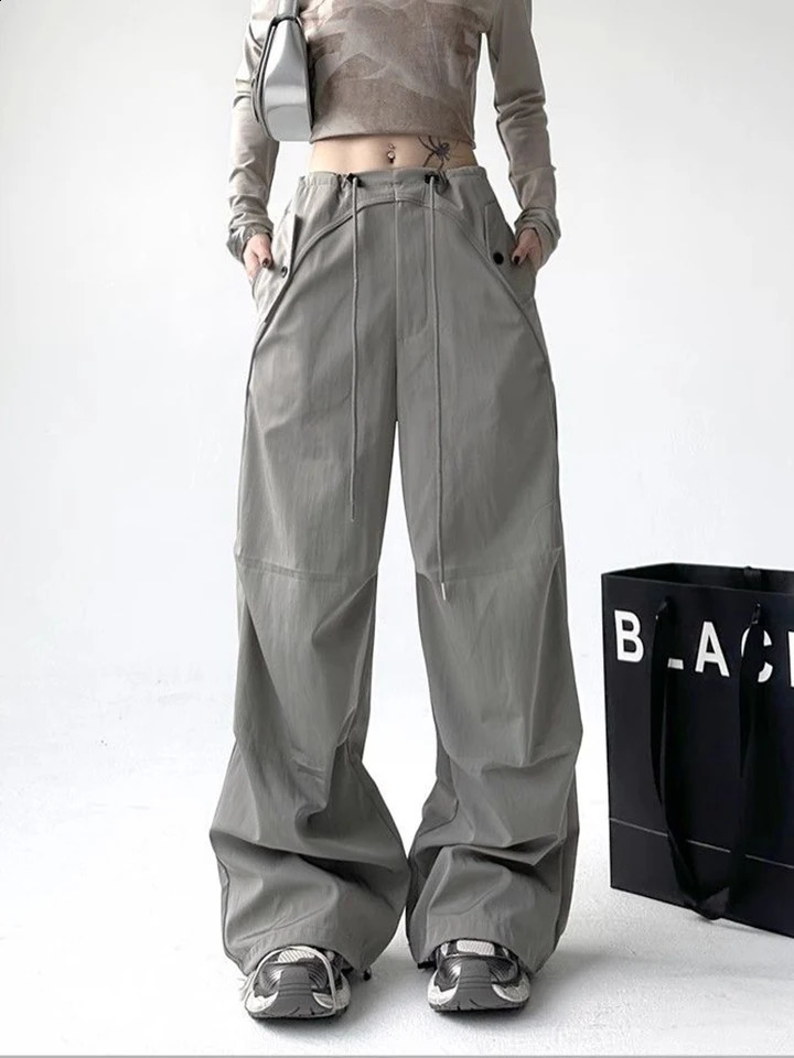 Zoki Y2K Harajuku Cargo Pants Women Streetwear High Waist American Retro Trousers Fall Casual Loose Lace Up Bf Wide Leg Pants 240821