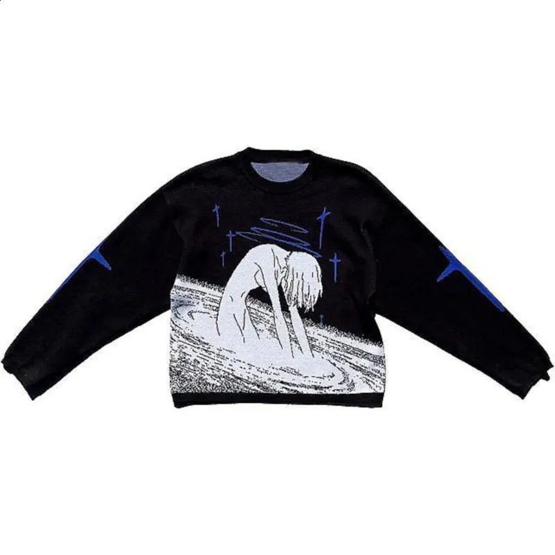 Japanese Kawaii anime pattern printing knitted Oneck womens Pullover Y2K Harajuku streetwear fairy fold loose couple sweater 240821