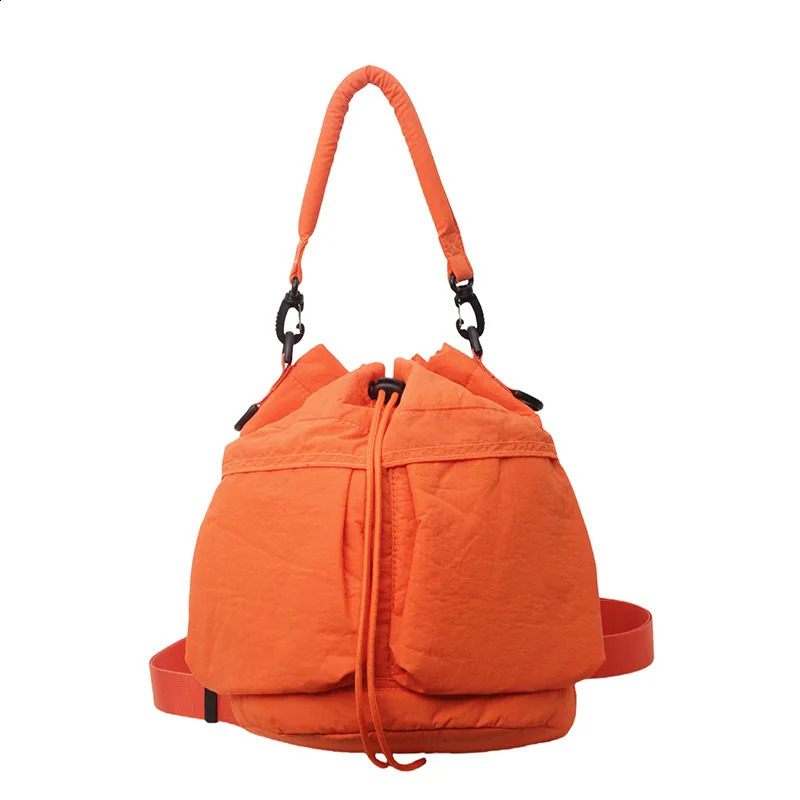 Casual Soft Puffer Bucket Bag Drawsting Padded Women Shoulder Bags Lightweight Nylon Handbags Simple Small Tote Shopper Purses 240821