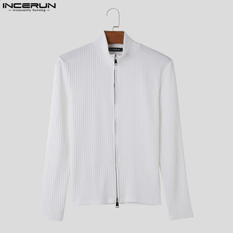 INCERUN Men T Shirts Solid Knitted Zipper Turtleneck Long Sleeve Casual Men Clothing Streetwear Autumn Fashion Tee Tops 240822