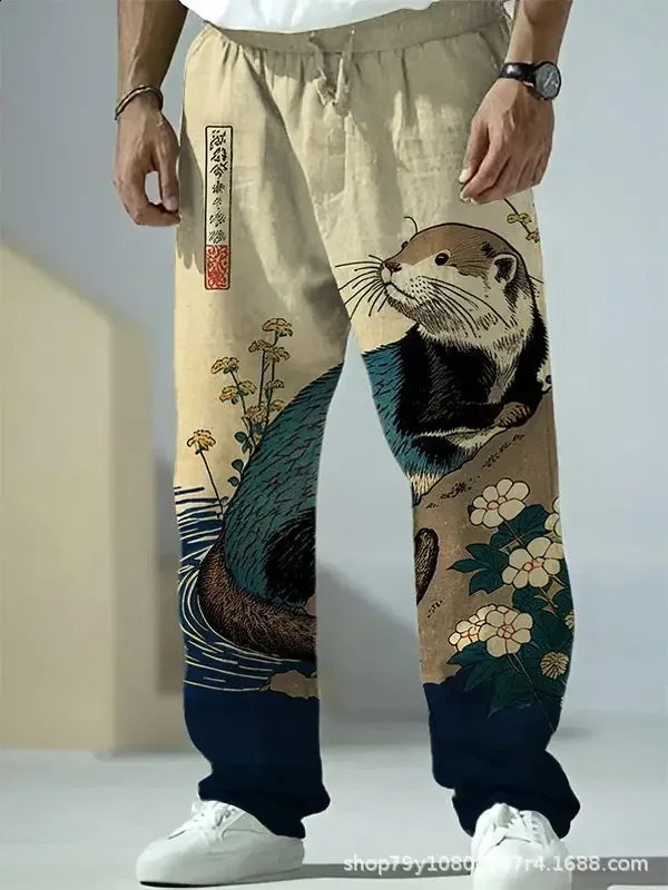 Mens casual pants Japanese style pattern printing casual handsome mens straight pants loose fashion bamboo linen trousers 240822