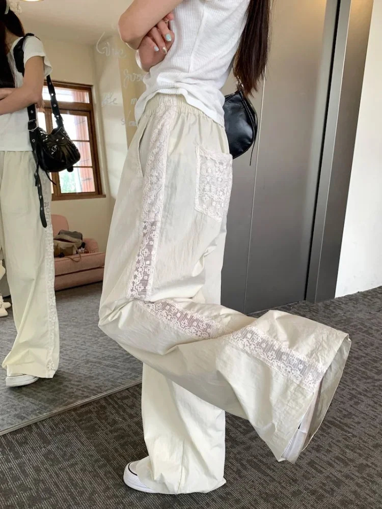 ADAgirl Beige Striped Wide Leg Pants for Women Lace Patchwork Straight Trouser Elastic Waist Summer Fashion Casual Bottoms Mujer 240821