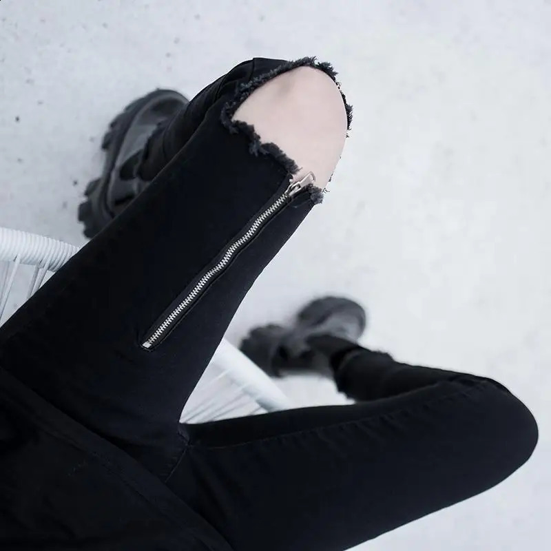Vintage Black Jeans Women Punk Style Zipper Ripped High Waist Pencil Pants Jeans Womens Gothic Ripped Jeans for Women S-4XL 5XL 240821