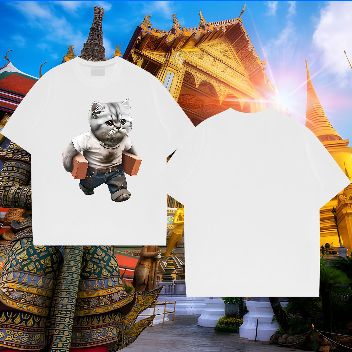 Cool T Shirts Men cat Breathable Short Sleeve Sport Black Oversized 230g Cotton Men Tops Tees Wholesale Tee Shirt