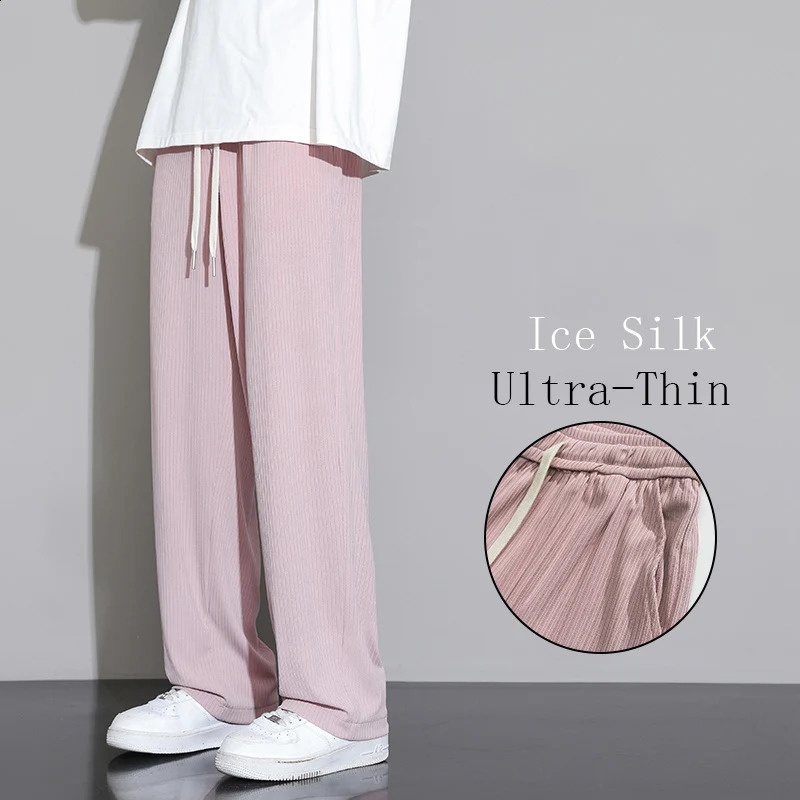 Mens Summer American Style Ice Silk Double Drape Straight Leg Wide Leg Casual Pants Loose Comfortable Breathable Trousers 240822