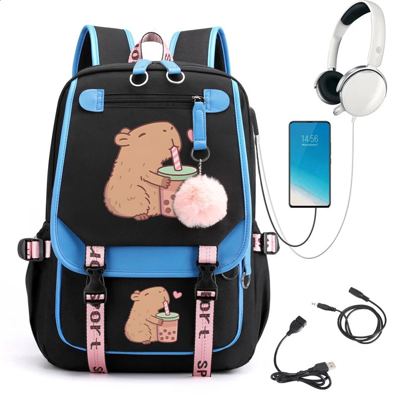 Youth Backpack Kawaii Capybara Bpba Tea School Girls Childrens Usb Rechargeable 240822