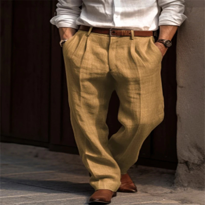 Mens Linen Pleated Pants Front Pockets Straight Cotton Blend Long Trousers Spring Summer Holiday Fashion Loose Pant Oversized 240822