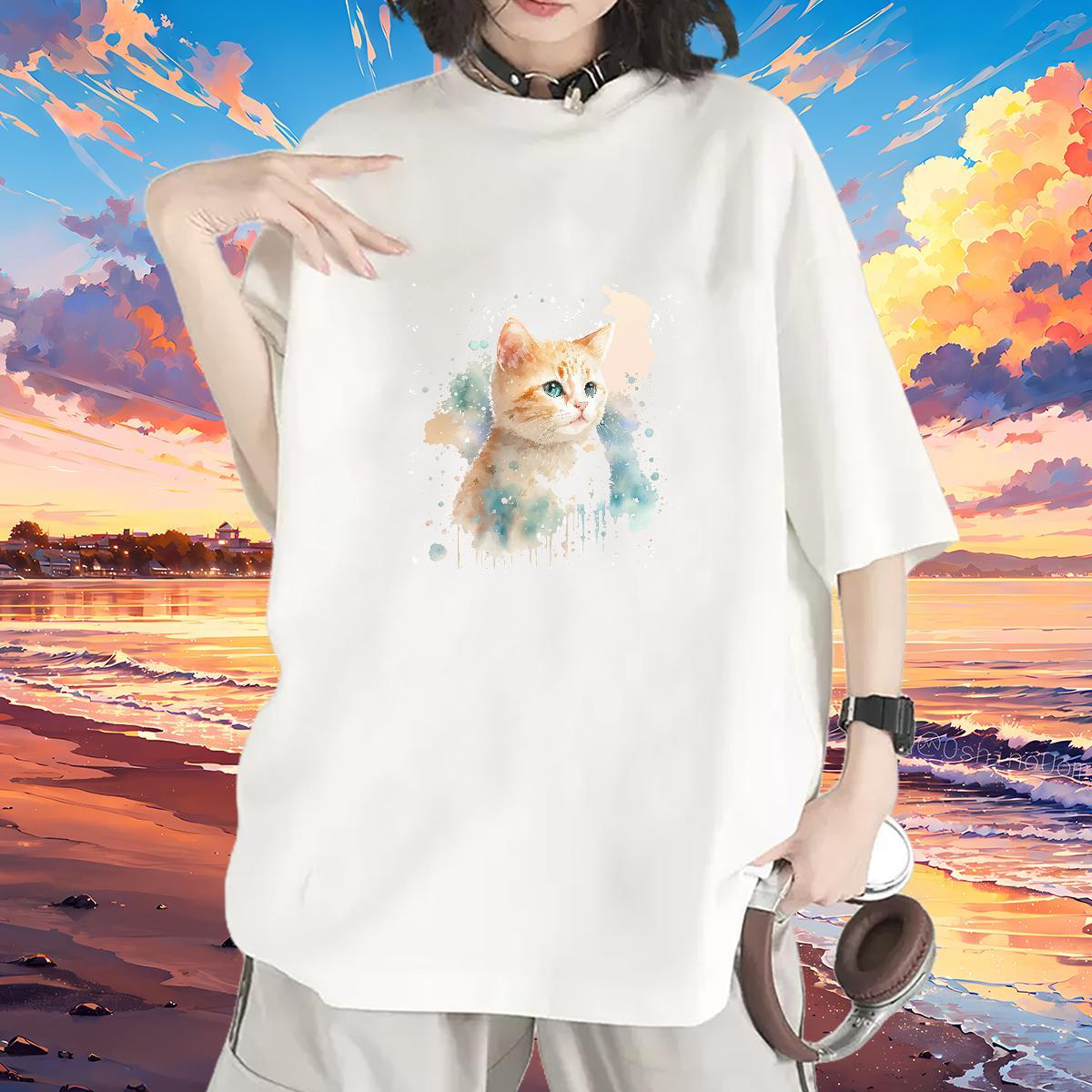 DIY T-Shirts for Women Breathable Short Sleeve 230g Pure Cotton Lady T shirt DIY Printed cat Daily Wear Unisex Clothings