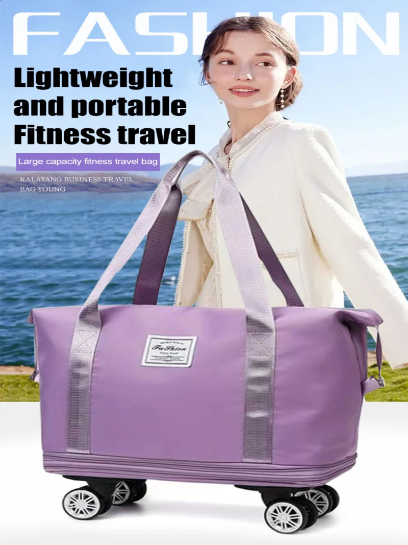 Travel cart with wheels storage bag waterproof pulley portable foldable expandable fashionable large capacity clothing 240821