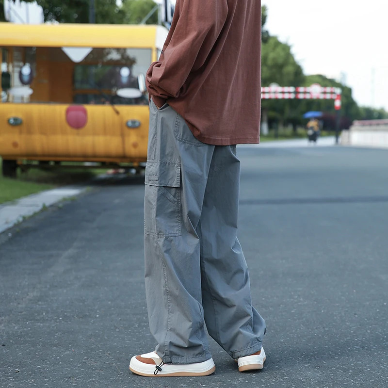 Vintage Cargo Pants Men Fashion Streetwear Pockets Wide Leg Straight Y2k Casual Trousers Baggy Drawstring Overalls Black/Gray 240822