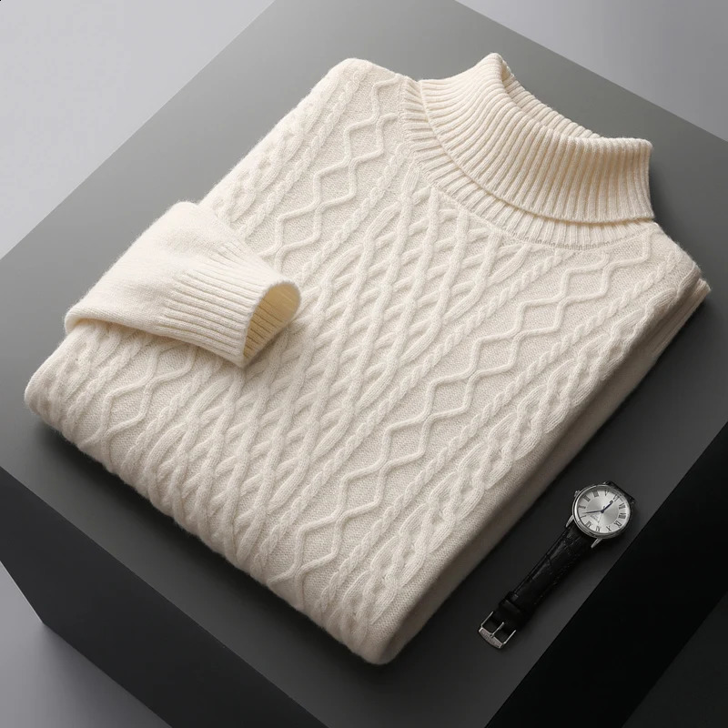 Mens 100% wool and cashmere sweater for autumn and winter turtle neck knit zipper thick plus size bottom fashionable and warm top 240829