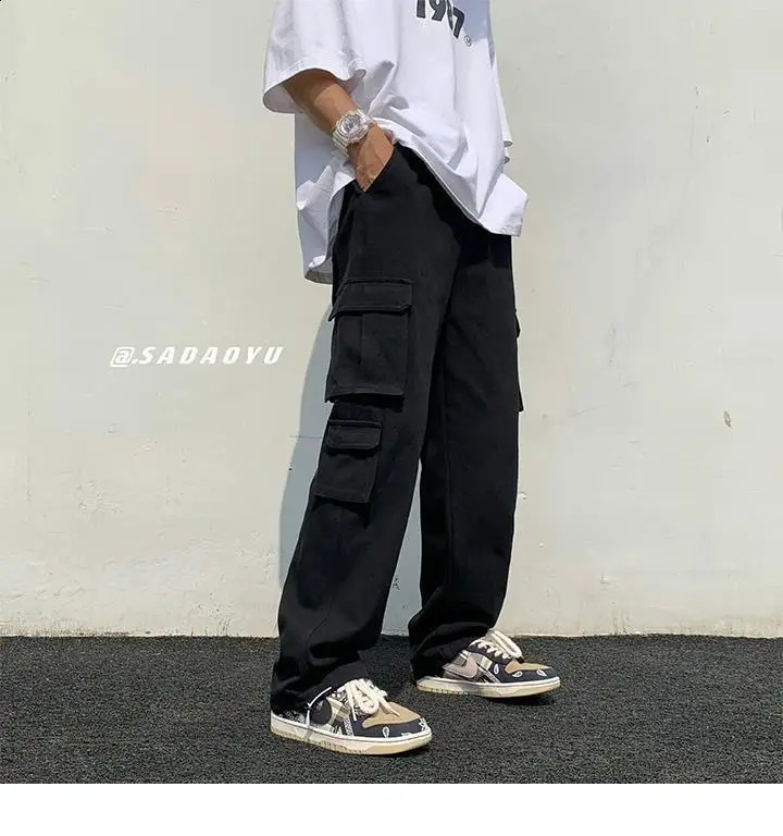 Black/white Casual Pants Mens Fashion Loose Straight Wide Leg Pants Men Streetwear Hip-hop Pocket Cargo Pants Mens Trousers 240822