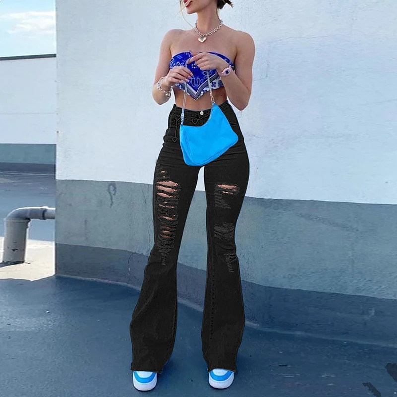 Women High Waist Black Flare Jeans Lady Bell Bottom Ripped Denim Pants Streetwear Distressed Classic Full Length Long Trouser 240821