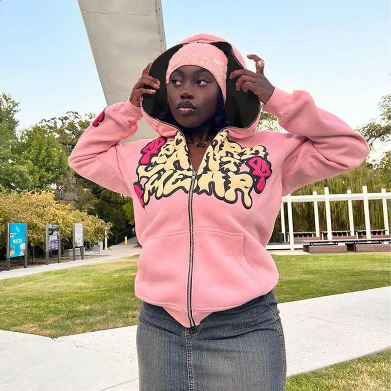 Harajuku Jacket Letter Print Coat Men Women Jackets pink Zip Hooded Sweatshirt Oversized Long-sleeved Zipper Top Casual Hoodies 240821