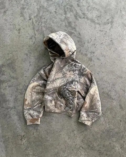 High Street Hip Hop Oversized Camouflage Hoodie Y2K Retro Mens Printed Pattern Zipper Sweatshirt 240821