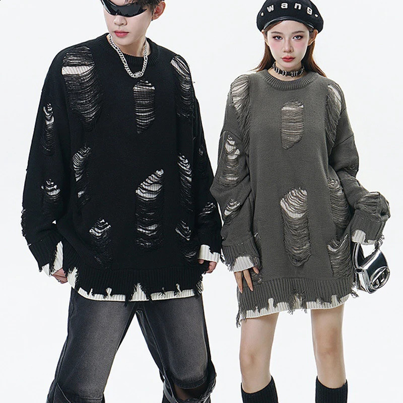 Ripped Oversize Baggy Sweater Grunge Men Women Gothic Dark Knitted Jumper Hip Hop Streetwear Pullover Loose Punk Holes Knitwear 240821