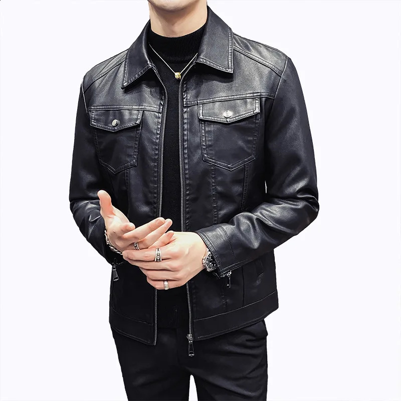 Trend Mens Leather Jackets Thick Winter Warm Jacket Slim Fit Cool Motorcycle Turn-down Collar Zipper Coats 240822