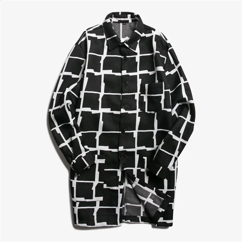 Mens Cotton Linen Color Blocking Long Coat Trendy Button Jackets Turn-down Collar Plaid Jacket Black and White Thin Trench 240822