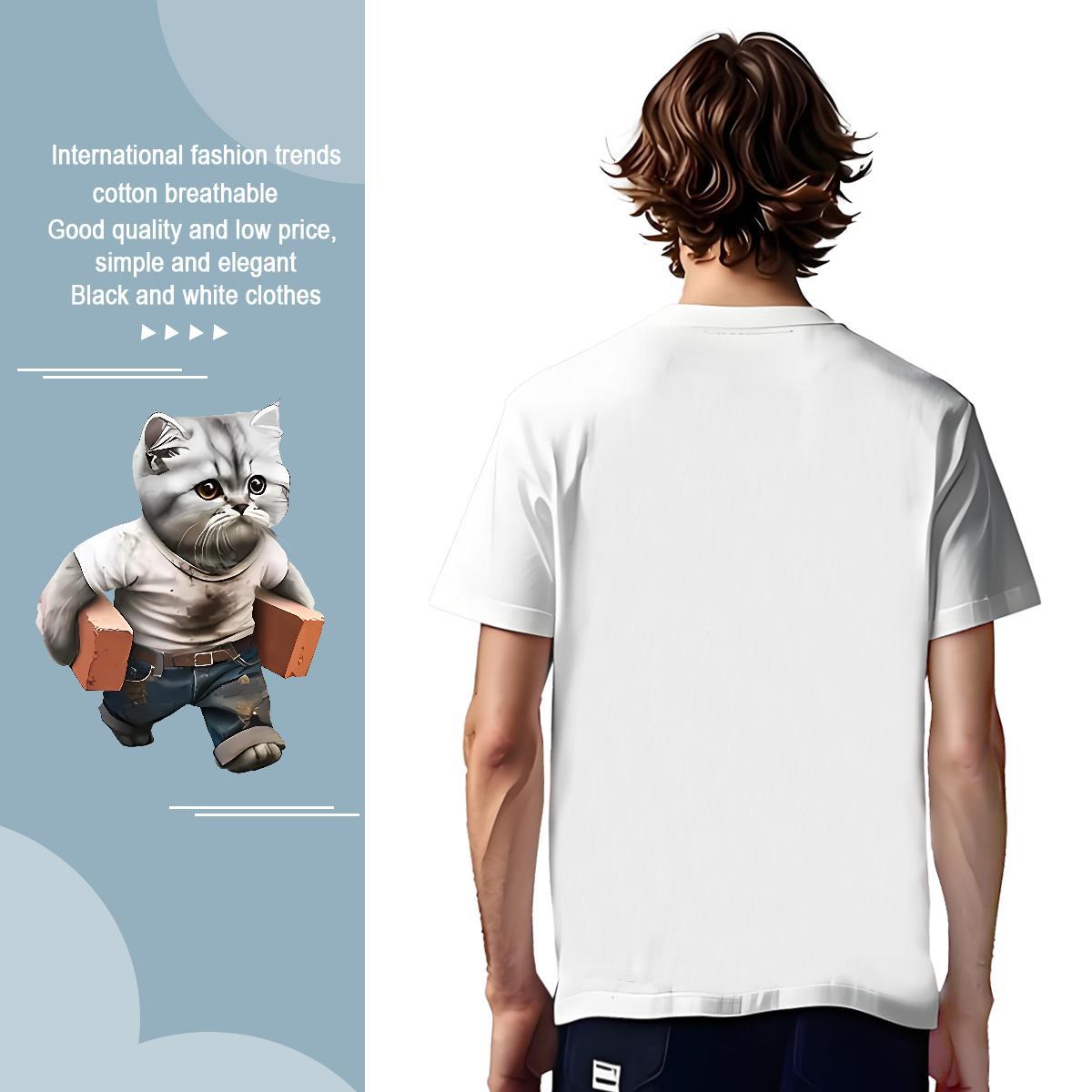 Cool T-Shirts for Men cat Breathable Crew Neck Sports Casual Custom Printed 230g Cotton Tshirts Brand Top Tees