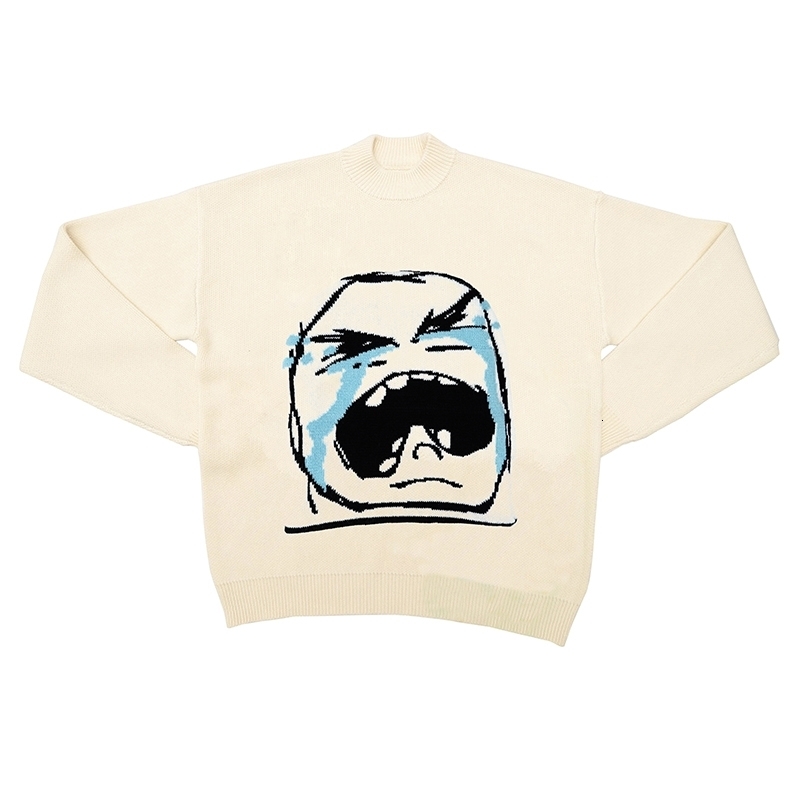 Vintage Men Casual Streetwear Sweater Retro Painting Anime Funny Crying Facial Spoof Hip Hop Knitted Graphic Pullover 240821CJ