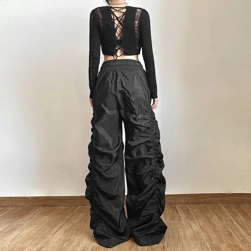 Y2K n Folds Wide Leg Trousers Women Gothic High Waist Drawstring Full Pants Fashion Baggy Casual Black Streetwear Clothes 240821