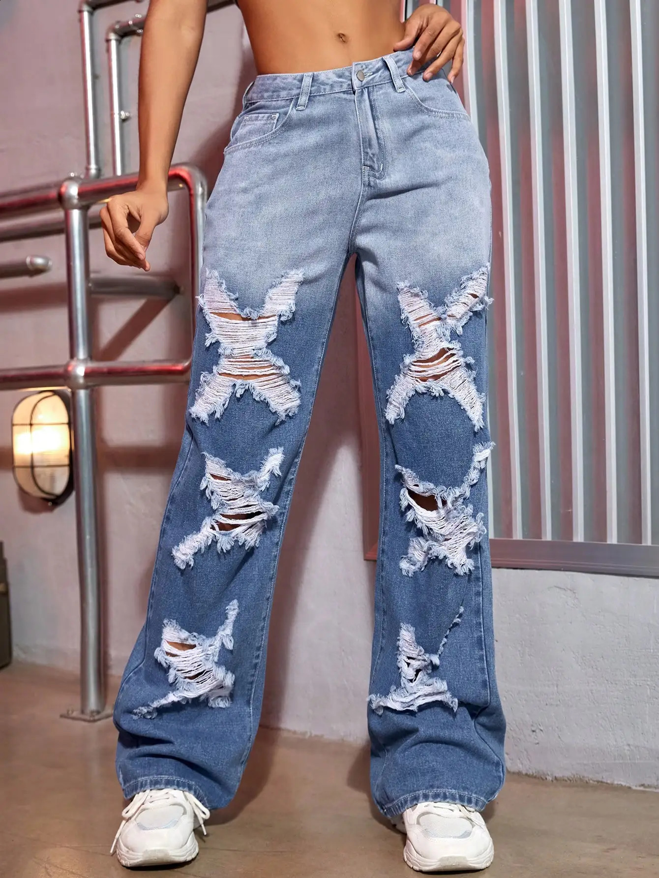 Y2K Women Ripped Jeans Color Contrast Split Shape Wide Leg Denim Trousers Strtwear Z260313