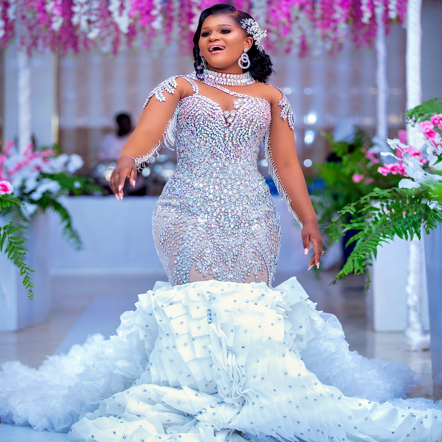 African Aso Ebi 2024 Luxurious White Mermaid Wedding Dress Tiers Rhinestones Sheer Neck Full Sleeves Detachable Train Elegant Bridal Gowns Dresses ZJ2