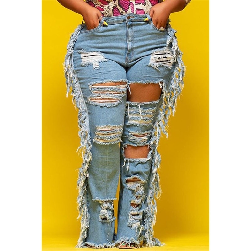 Plus Size Plain Jeans Hole Tassel 240821