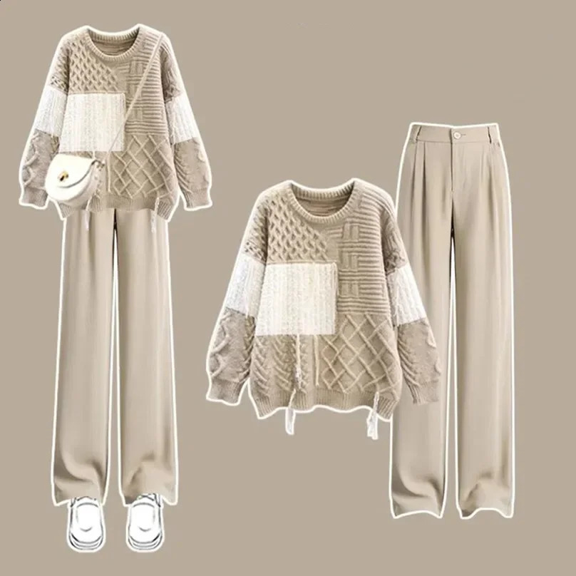 Autumn Set Large Womens Age Reducing Loose Knitted Sweater Fashion Casual Pants Two Piece Set Fashion 240821