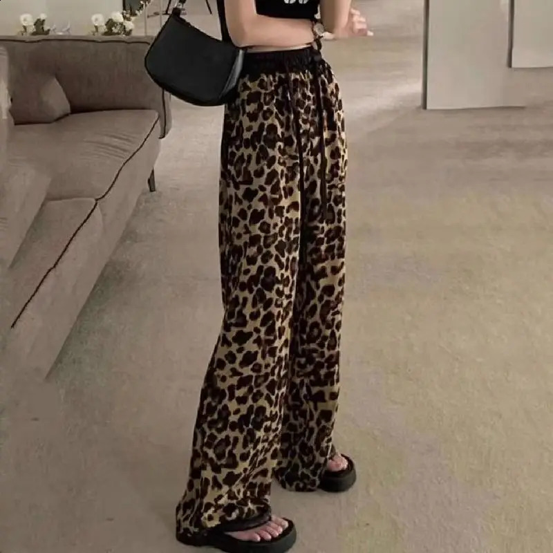 Fashion Leopard Ladies Elastic Waist Printing Straight Temperament Wide Leg Pants Spring Autumn Casual Womens Clothing 240821