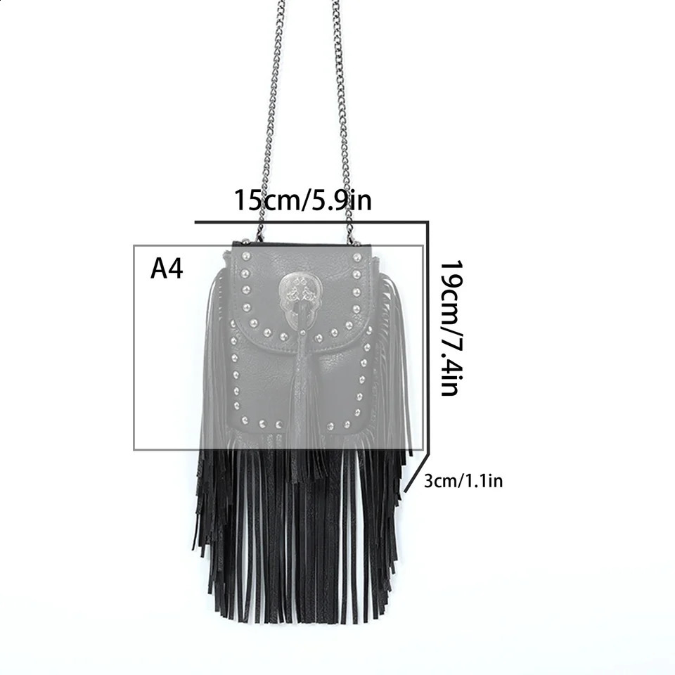European and American fashion trend soft leather rivet tassel bag chain strip single shoulder crossbody small womens 240821ZYl