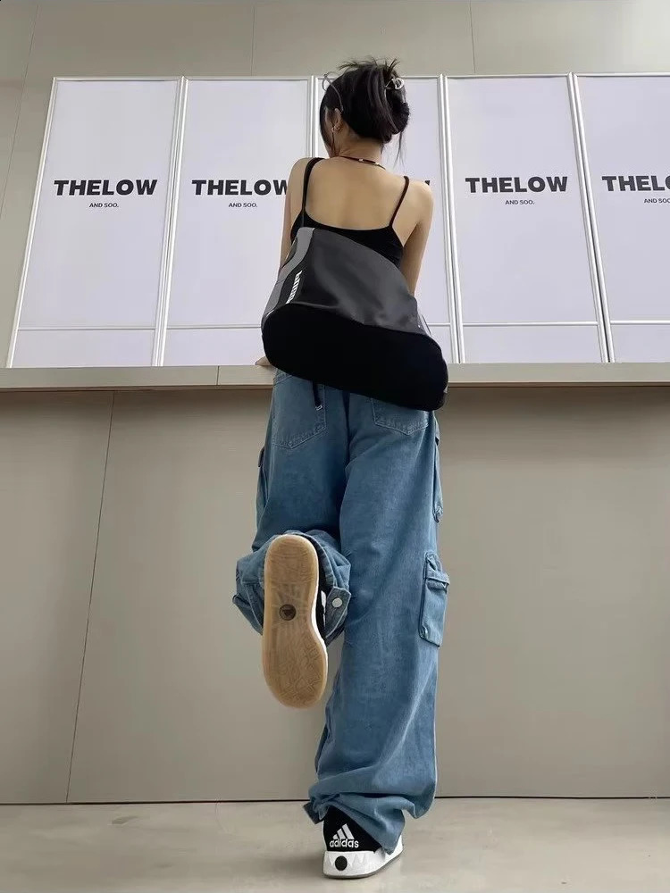 Y2k Jeans Womens Baggy Wide Leg Multi-Pocket Cargo Pants Fashion Harajuku Streetwear Female Vintage Washed Blue Autumn Jeans 240822