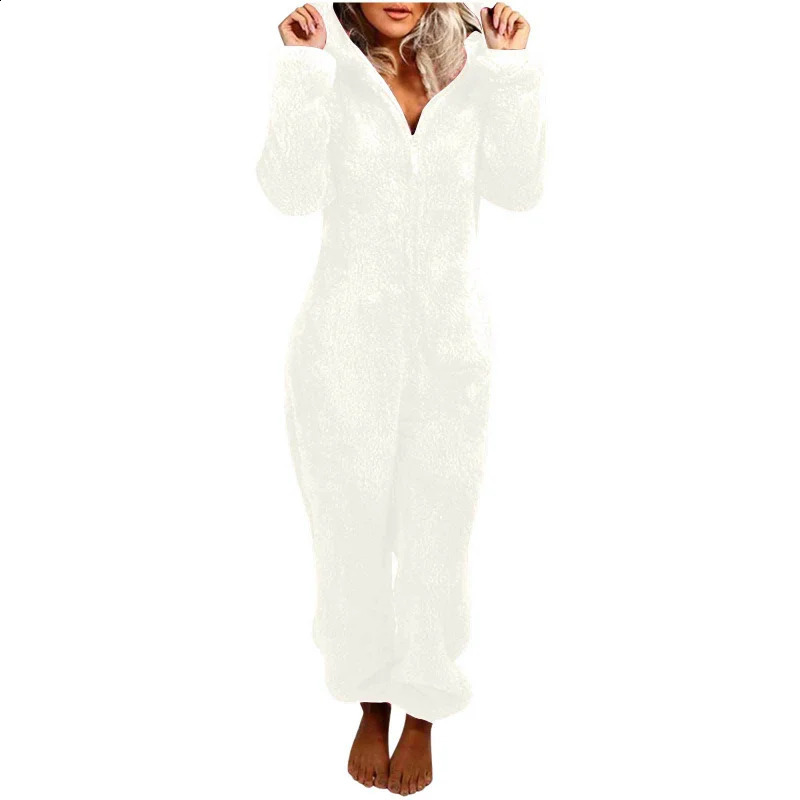 5XL Women Fluffy Jumpsuits Plush Velvet Hooded Outfits Tracksuits Zipper Loose Casual Rompers Winter Warm Overall Bodysuits 240821