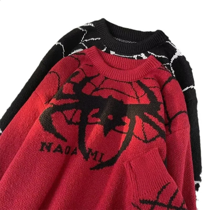 Trendy American Style Dull Black Vintage Flocking Spider Pattern Sweater Pullover Casual Loose-fit Sleeve Knitted Top Men Women 240821
