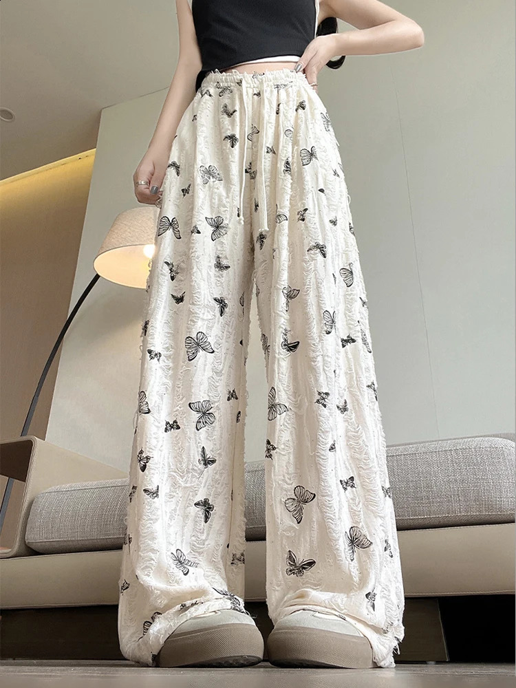 HOUZHOU Y2K Harajuku Butterfly Wide Leg Pants for Women Hole Streetwear High Waist Straight Trousers Female Rhinestone Summer 240821